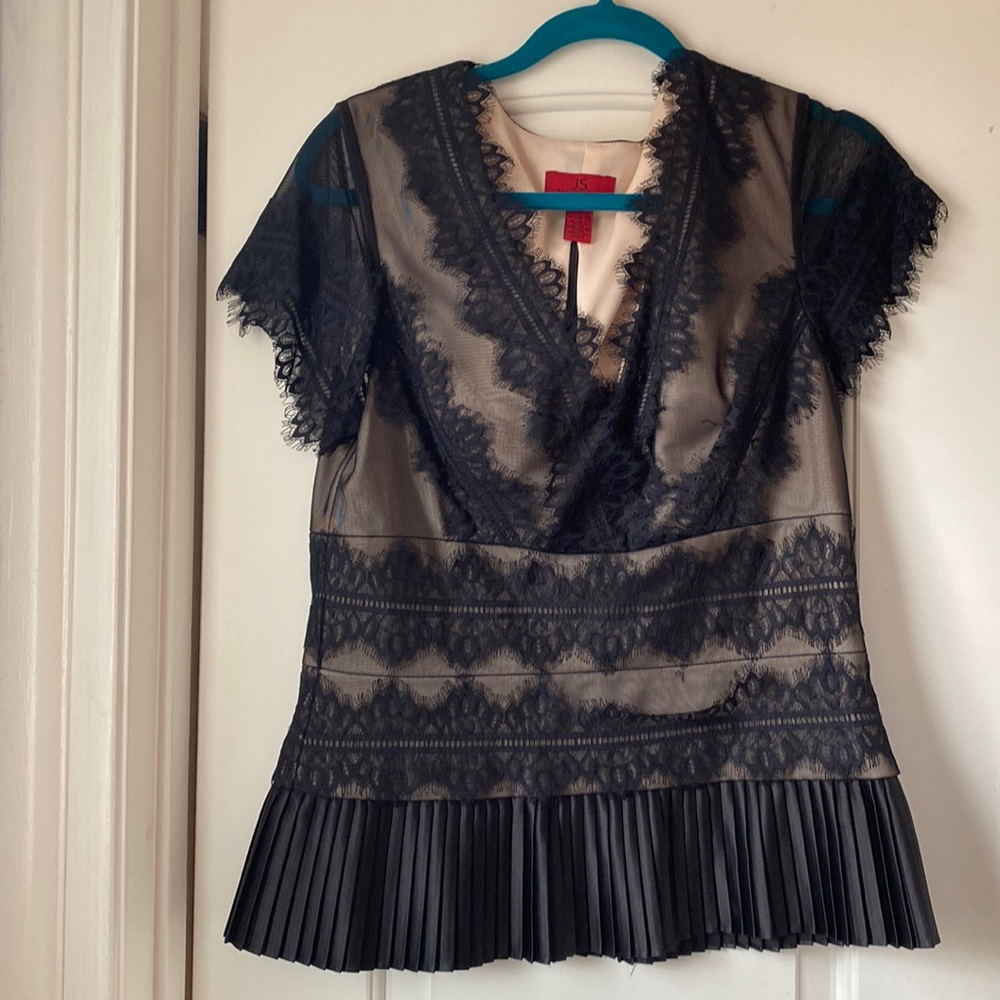 JS  illustration top black blouse with  black lace in front and black with